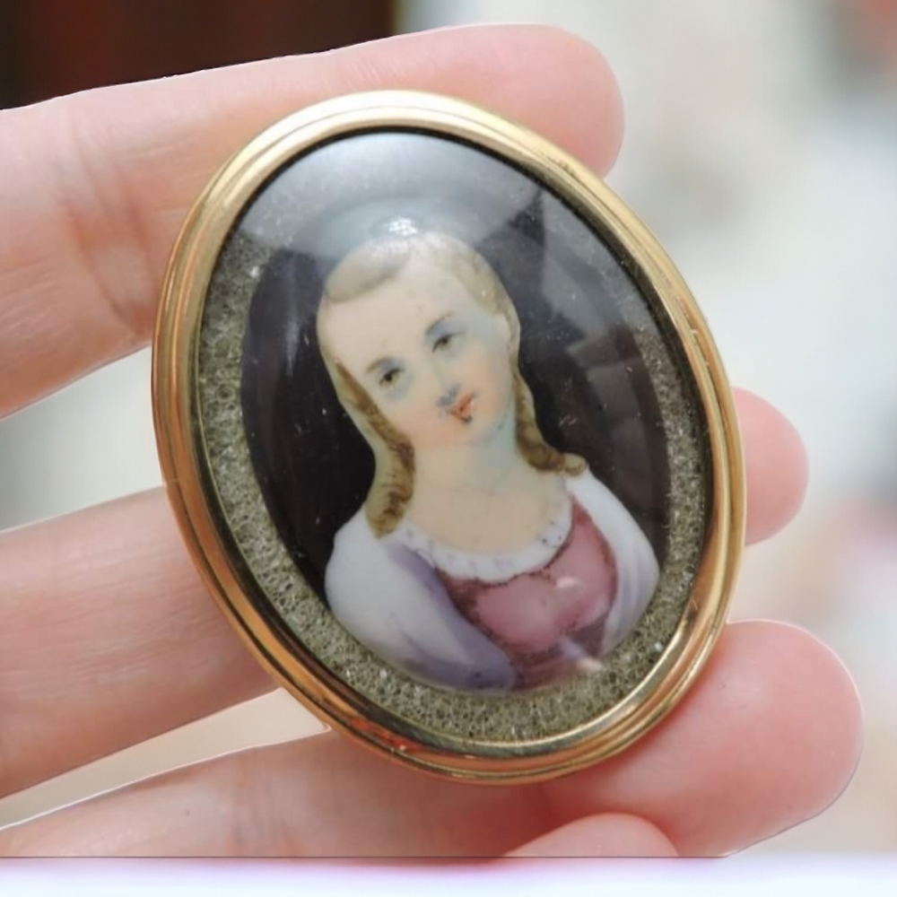 Antique Victorian  painted portrait brooch